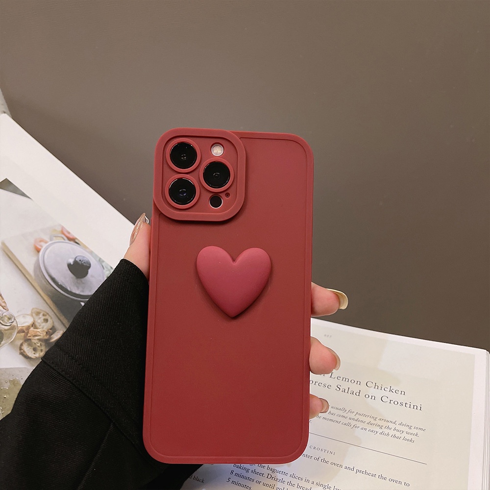 Case Pelindung Penuh Desain Hati 3D Warna Wine Red Polos Untuk Iphone 7 8 PLUS XR XS 11 12 13 MINI PRO MAX SE