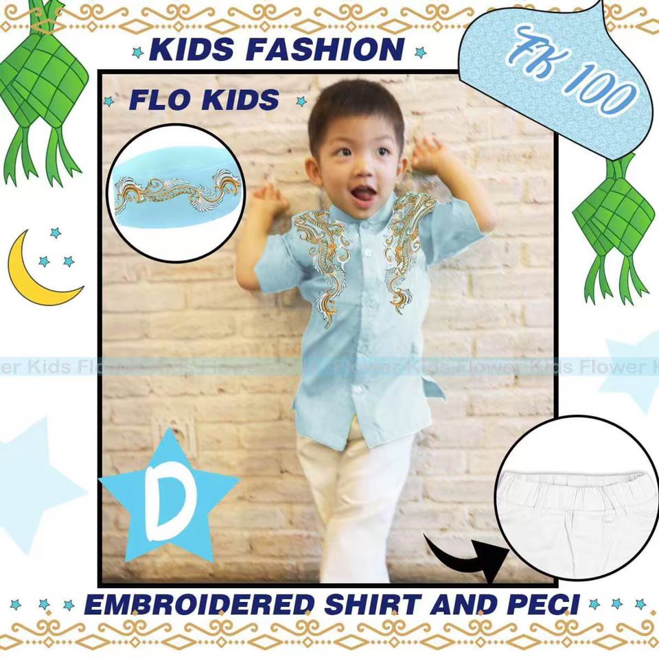 Baju Koko Anak Dengan Peci Biru Set 3in1 (kemeja, peci, CELANA PANJANG)