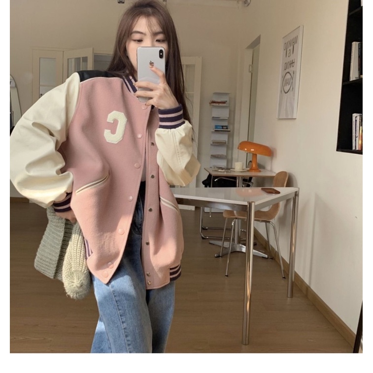 [ready stock] lisa baseball jacket | atasan jaket gaya korea warna pink green hijau list bahan lengan kulit leather