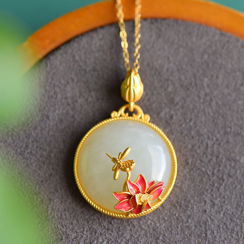 Chinese Style Enamel Color Lotus Flower Elegant Female Charm Hotan White Jade Stone Pendants Necklace Vintage Minorities Jewelry