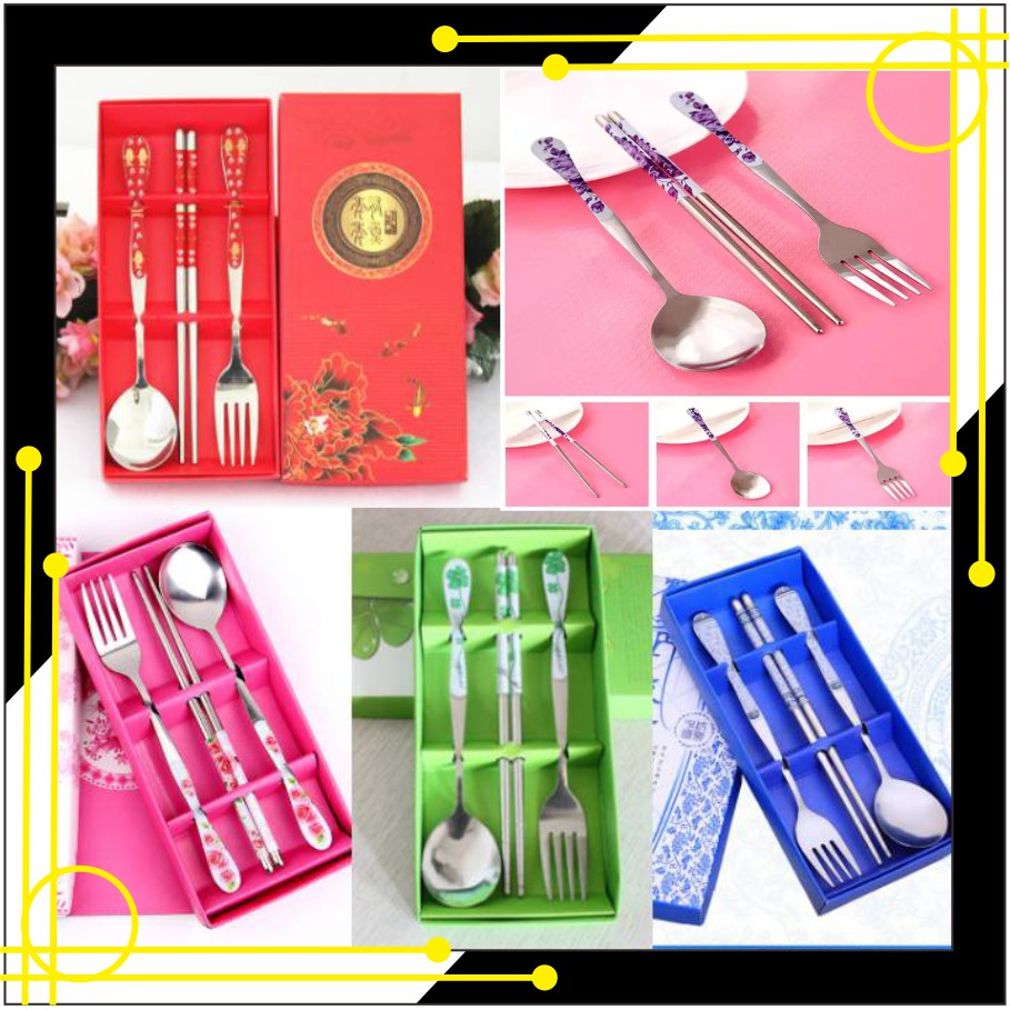 INFY - Sendok Garpu Sumpit Set 3 in1 Stainless Steel Souvenir Pernikahan Kado Alat Makan R050 Import