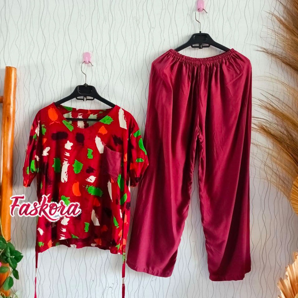 Piyama Rayon Jumbo Lengan Pendek One Set Wanita Kekinian Remaja Pajamas Polos Kombinasi Auristela