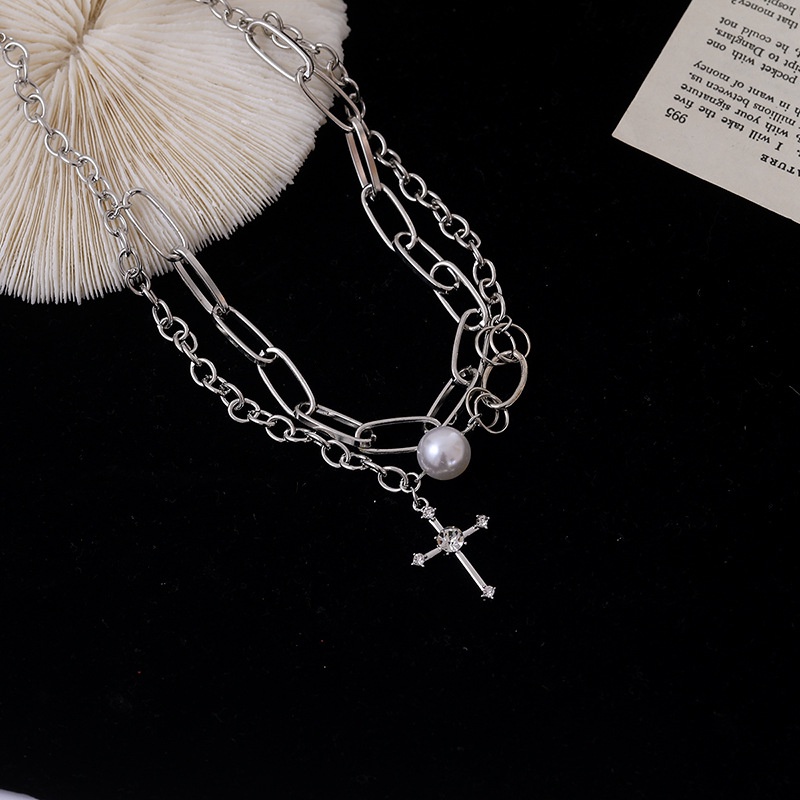 Korean Punk Double Necklace Fashion Hip-hop Pearl Cross Pendant Unisex