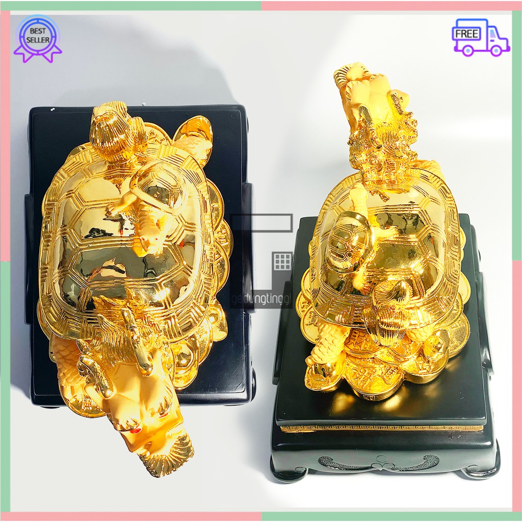 Hiasan Dekorasi Kado Hadiah Patung Pajangan Hewan Kura Kura Kura-Kura KuraKura Penyu Turtle Kepala Kaki Tiga Shio Naga Lungkui Gigit Coin Koin Amulet Hoki Rejeki Keberuntungan Lucky Gold Emas Kuningan Fengshui Tahun Baru Imlek Sincia Besar Jumbo Gift Box