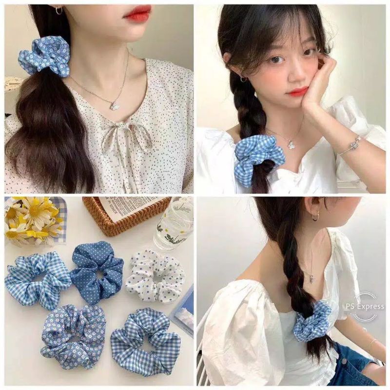 Ikat Rambut Korea Wanita Scrunchie Scrunchies Bunga Polkadot Kotak Aksesoris Gelang Karet (VCH)