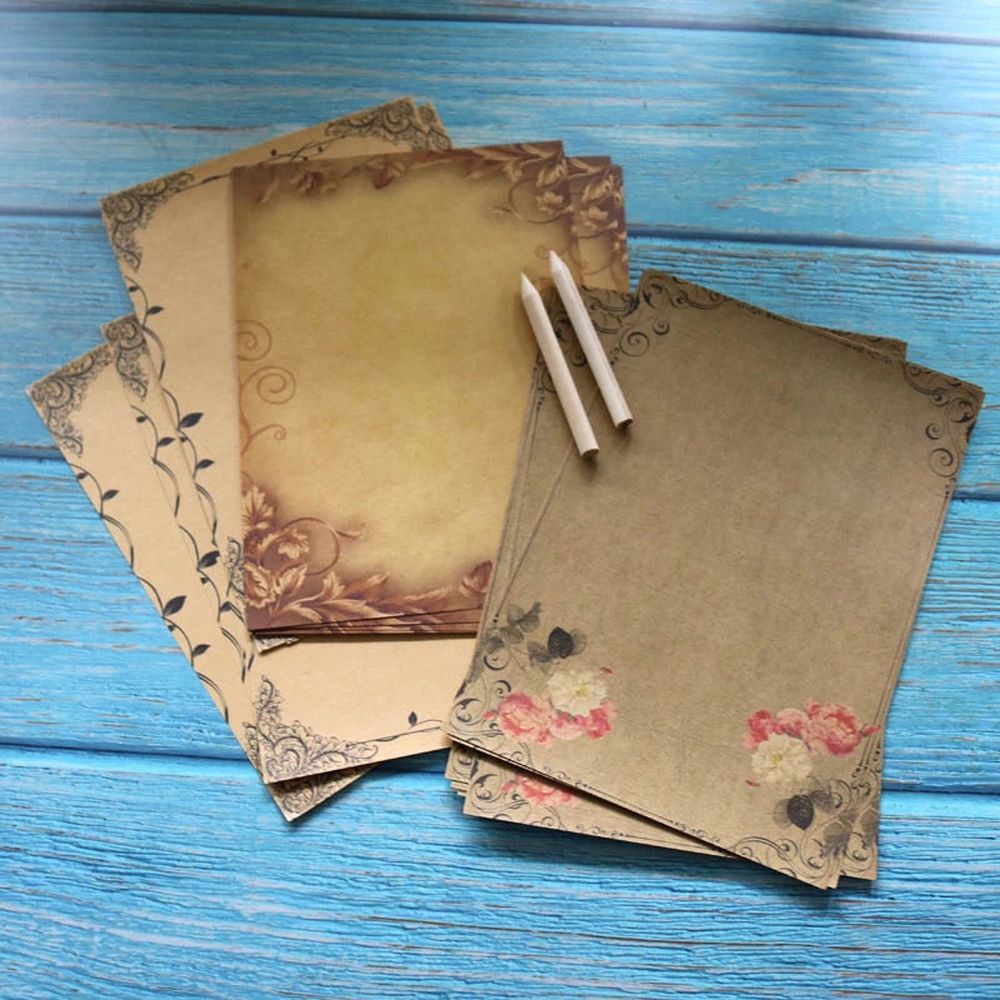 AUGUSTINA 8sheets Vintage Kraft Paper Flower Design Letter Paper Letter Pad Letterform Sketch Pad Stationery Drawing Pad Letterhead Writing Paper