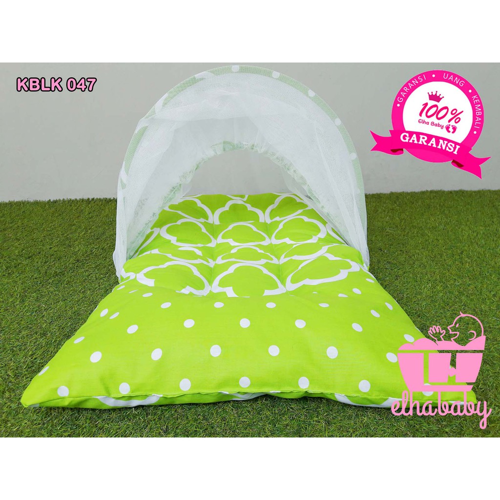 Kasur Bayi Murah Lucu 1 Set Kelambu,Bantal&Guling Motif Awan Polka Hijau | Kado Tempat Tidur Anak