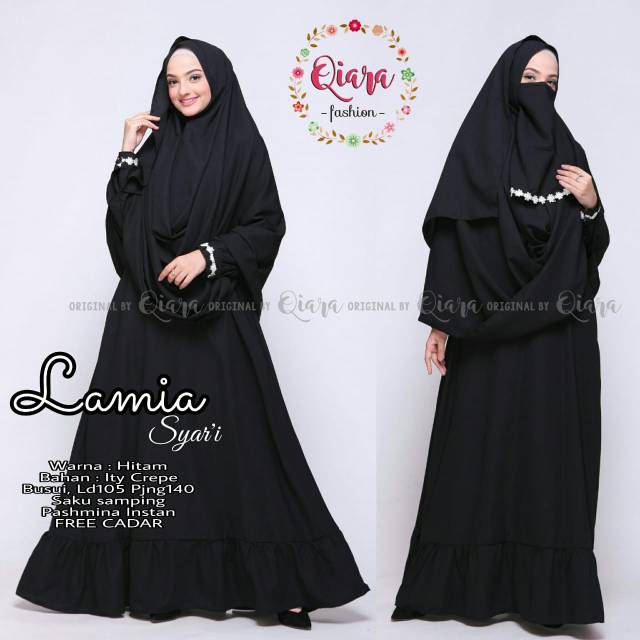 Gamis Syari Terbaru LAMIA Ori Qiara Set Pasmina Instan Ity Crepe Polos