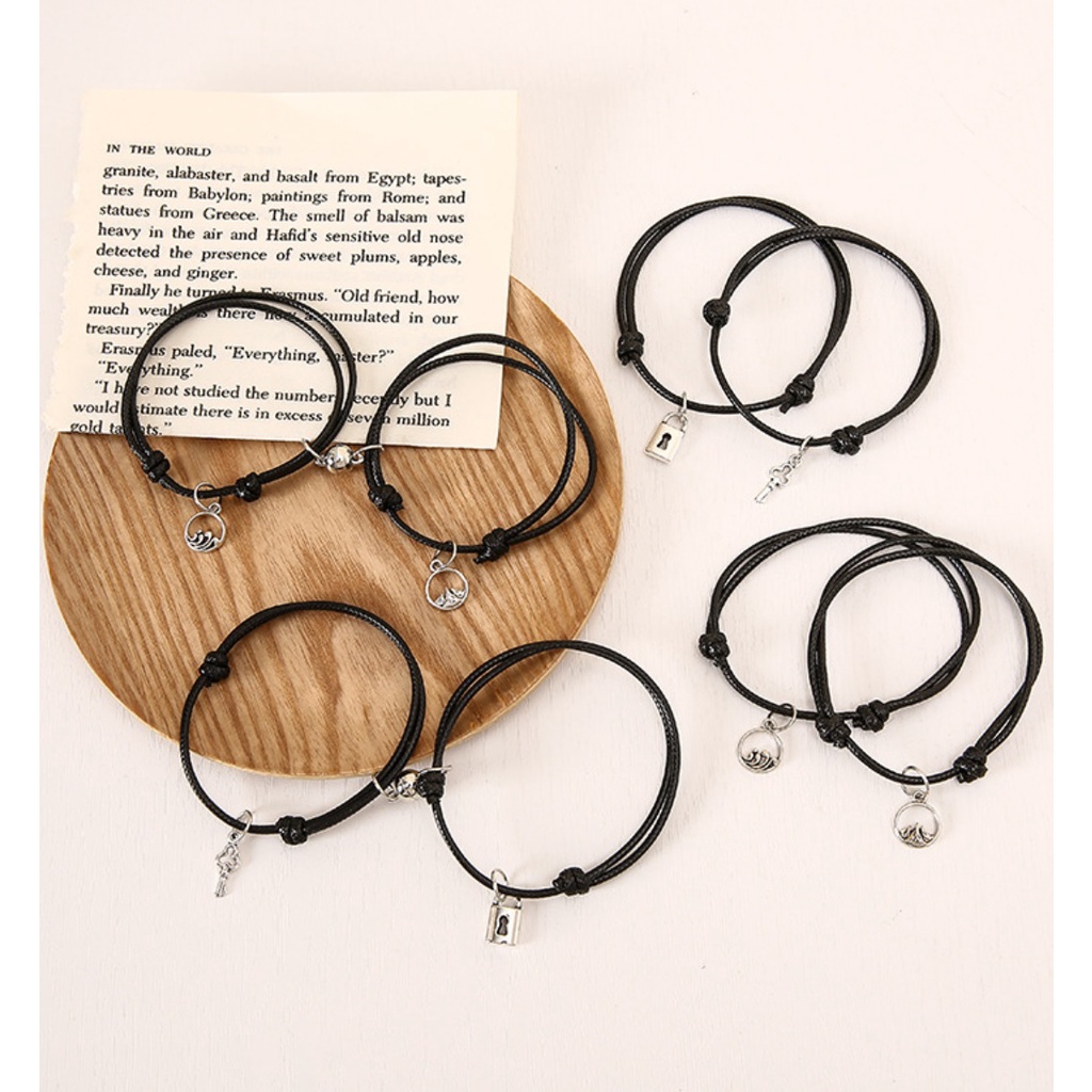 1Set Gelang Couple SAHABAT Tali Impor Gembok Kunci Slim Lock Sea Gaya Punk HipHop Korea Fashion Magnet Best Friend