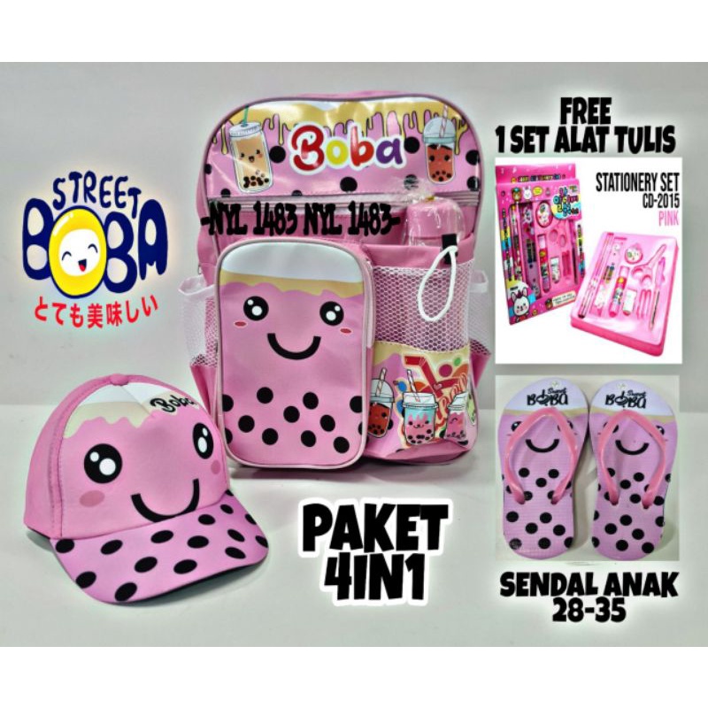 COD Paket KUMPLIT Tas Ransel Anak BOBA 4IN1 + Topi +sandal + alat tulis Lucu