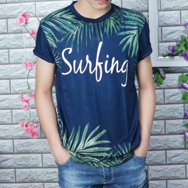 Kaos Pria Distro Surfing Biru Printing Leaf Full Print Daun