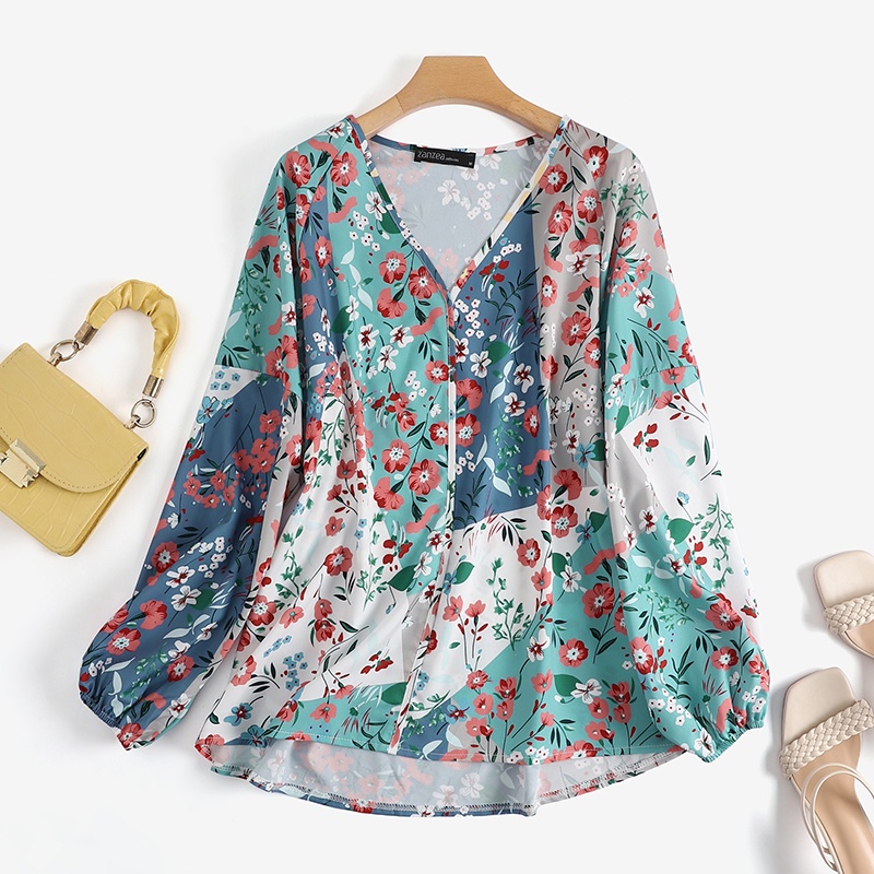 ZANZEA Women V-Neck Casual Long Sleeve Blouse Floral Print Shirt