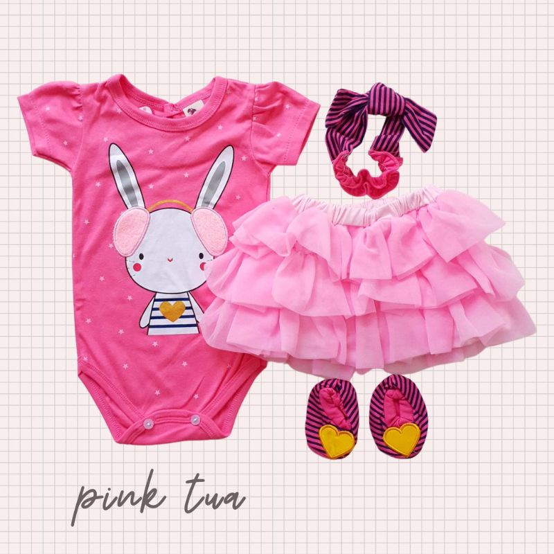 SETELAN BAJU BAYI PEREMPUAN JUMPER  TUTU 4IN1 0-12 BULAN FREE SEPATU &amp; BANDO / SETELAN JUMPER TUTU BAYI CEWEK KELINCI JUMPER SET / Romper bayi newborn 3  bulan 12 bulan baby cewek kelinci rabbit jumper set perempuan dress bayi ulang tahun 1 tahunan