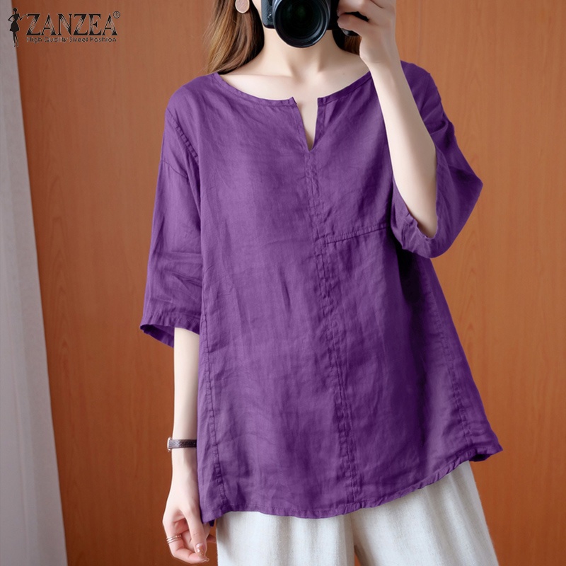 ZANZEA Women Casual Half Sleeve O-Neck Cotton Solid Color Loose Blouse