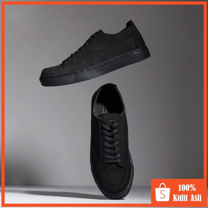 Olaf Full Black (Kulit Asli) - Sepatu Sneakers Pria Kulit Kasual Pria Santai Kuliah Kulit sapi asli - sneker Casual