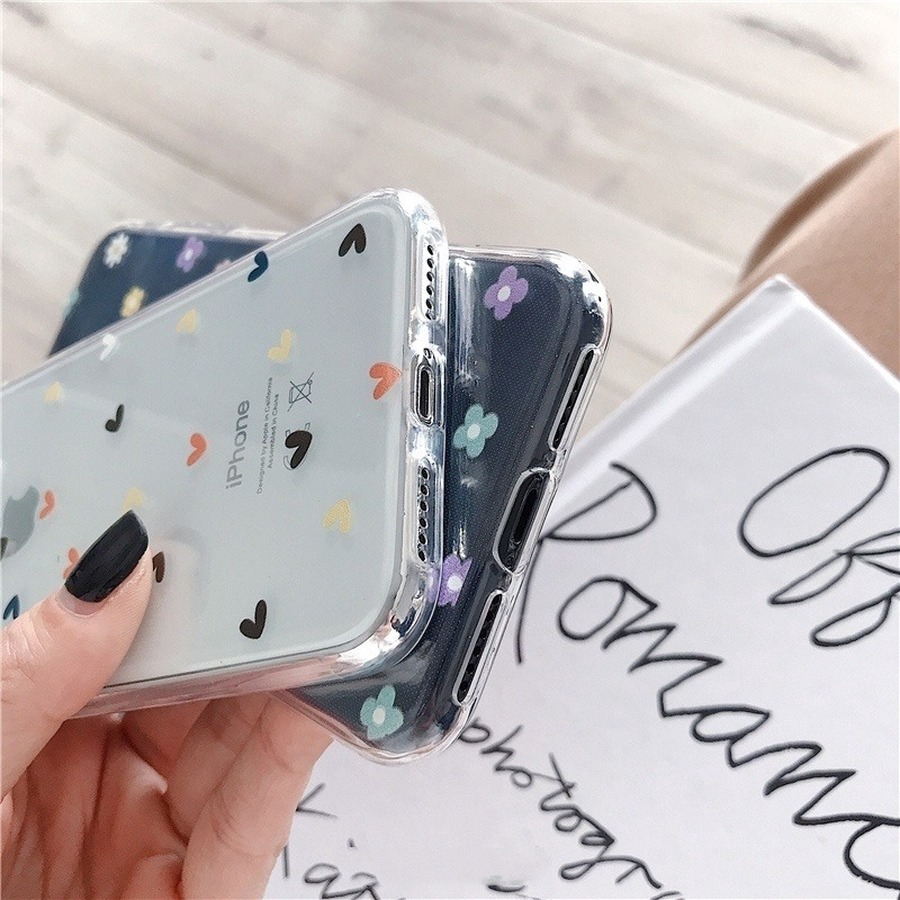 Soft Case Cover Belakang Transparan Motif Bunga Hati untuk iPhone 11 x XS Max XR 6 6S 7 8 Plus