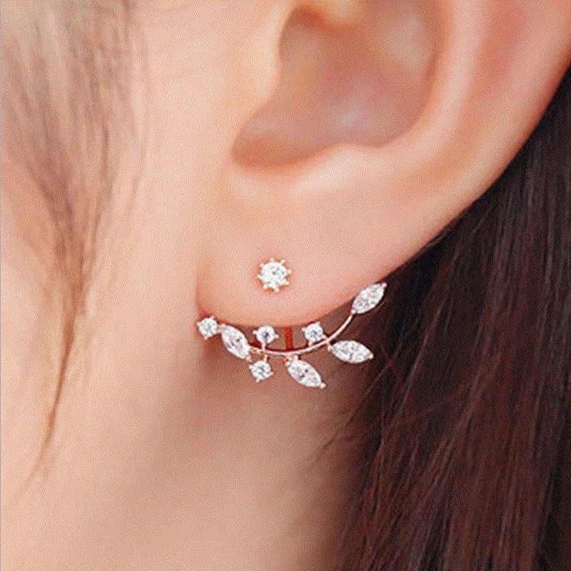 Fashion Street Shooting Leaf Zircon Branch Rear Hanging Rhinestone Leaf Earrings