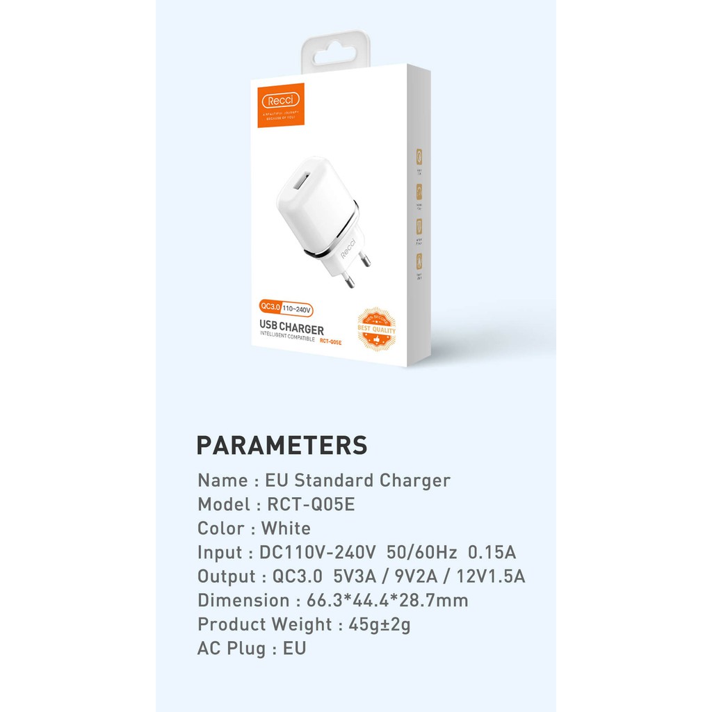 RECCI RCT-Q05E - Travel Charger Single USB Port - Support QC 3.0