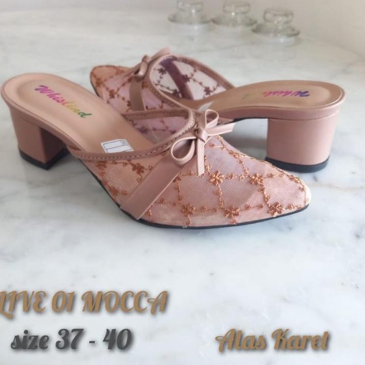 Penjualan Terbanyak.. WHISLIND - SENDAL HELLS WANITA SLOP 5 CM BROKAT PITA SOL KARET | SENDAL PESTA 