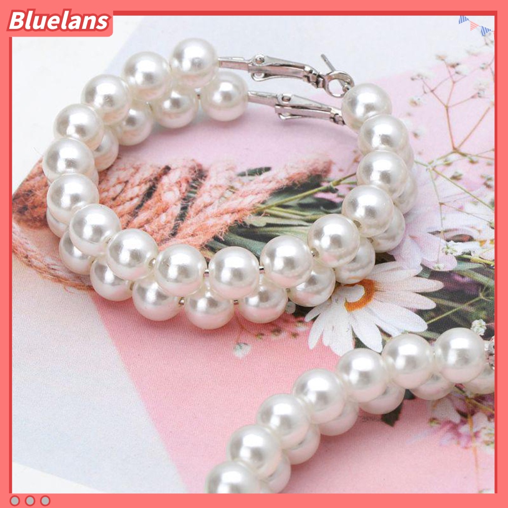 Bluelans Anting Hoop Juntai Bentuk Lingkaran Besar Aksen Mutiara Tiruan Gaya Elegan Untuk Wanita