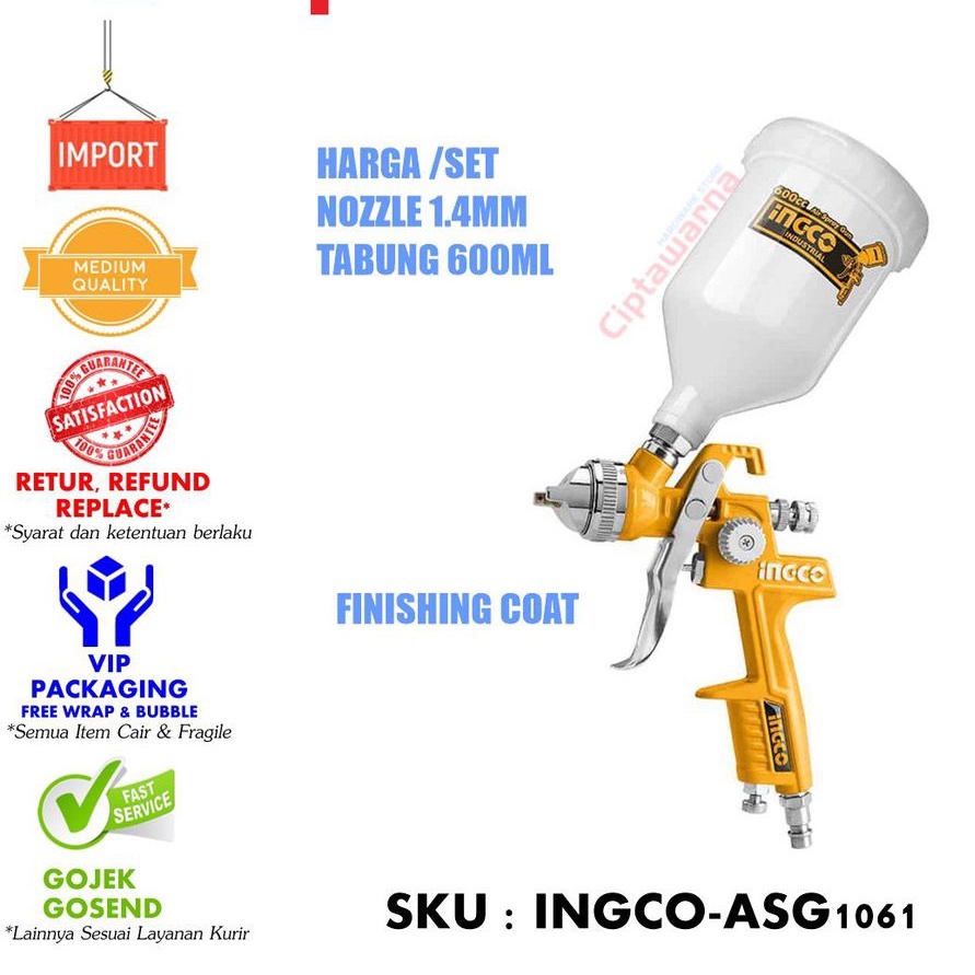 Spray gun HVLP ingco 600cc tabung atas Spray gun angin