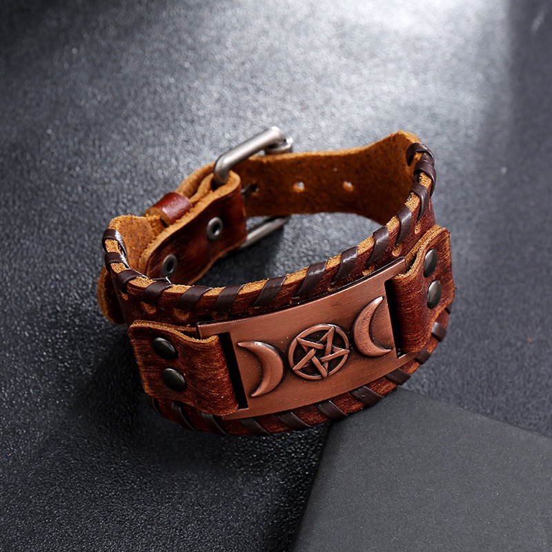 Nordic Viking Rune Star Moon Pria Gelang Kulit Punk Aksesoris 21CM