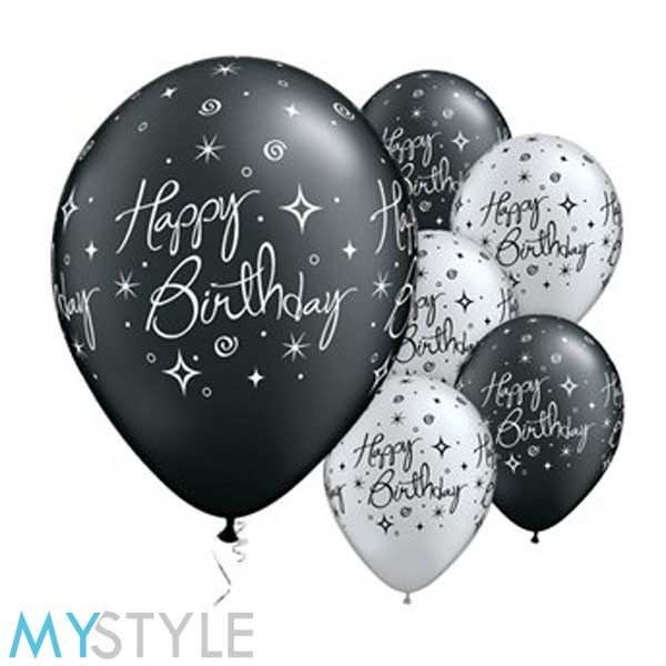 BALON LATEX (1 PACK = 100 PCS) MOTIF HAPPY BIRTHDAY BLACK &amp; WHITE  BALON LATEX MURAH