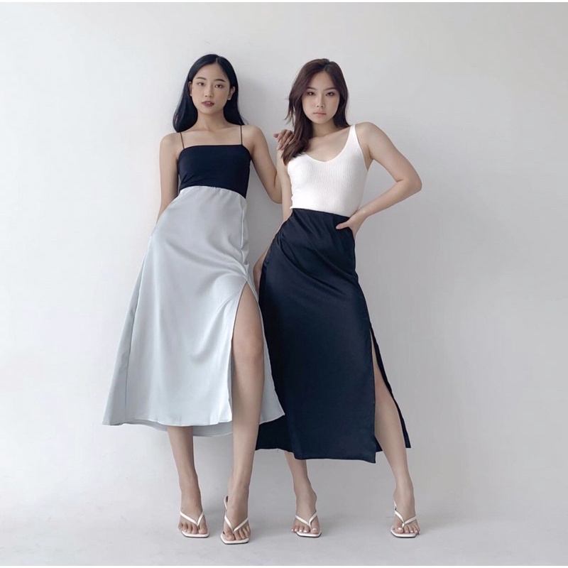 MADELINE SATIN MIDI SKIRT PREMIUM KOREA - ROK PESTA SATIN WITH SLIT MEWAH - SKIRT 3/4 - ROK KONDANGAN - HADIAH / KADO ULTAH WANITA