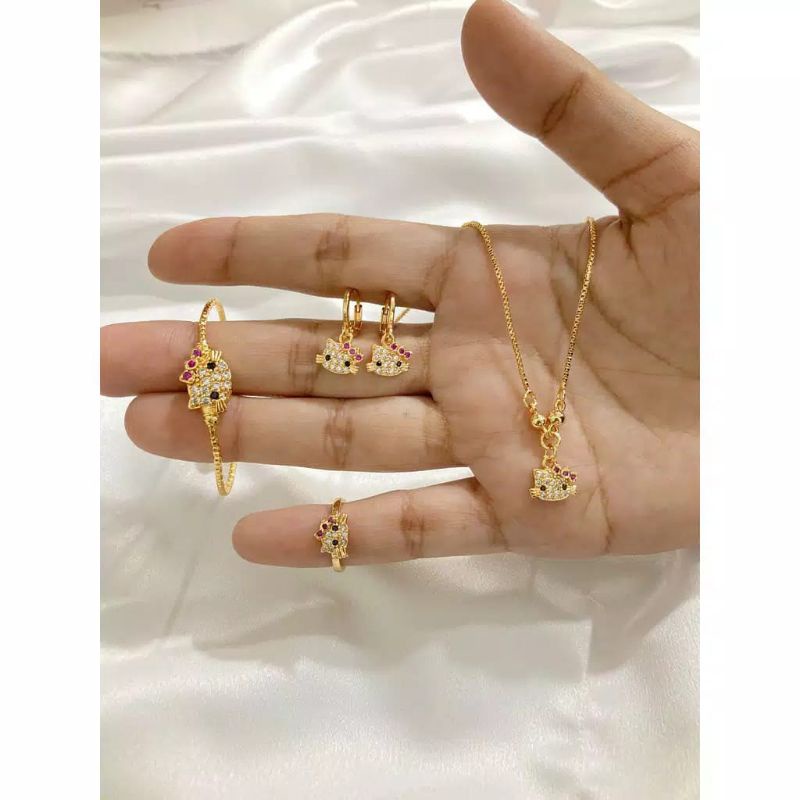 set anak hello kitty gold perhiasan anak satu set gelang kolong kalung cincin anting terlaris