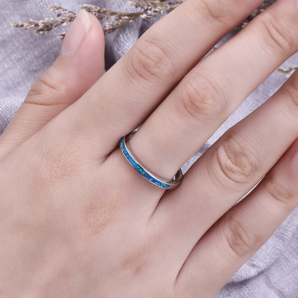 New European and American imitation inlaid blue opal 4mm silver ladies fashion simple thin ring