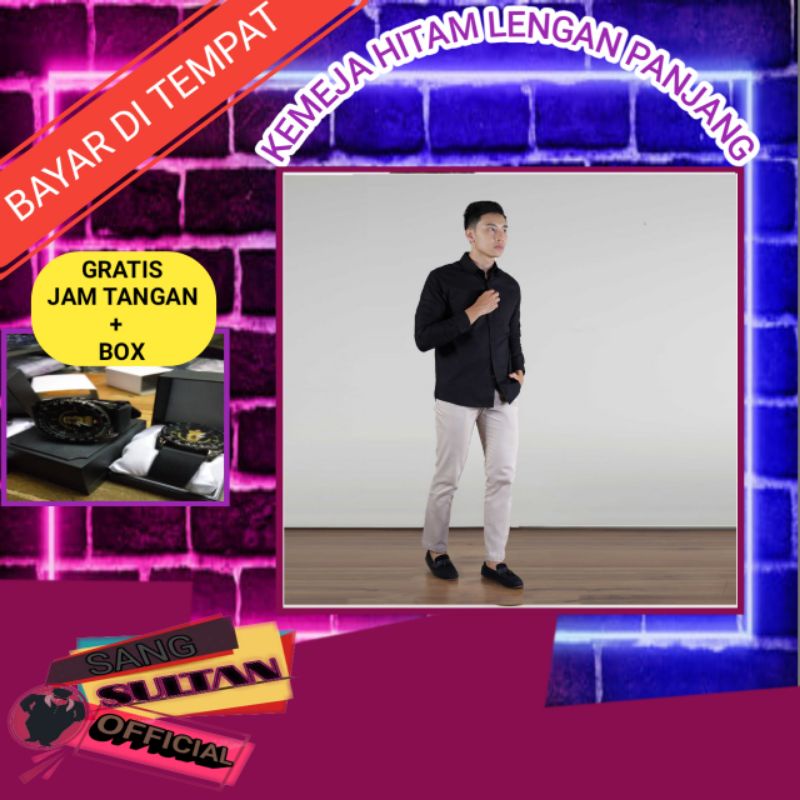 M231 KEMEJA PRIA BASIC POLOS PANJANG HITAM 1468D FREE JAM TANGAN TERBARU KEMEJA HEM PRIA KASUAL BAJU