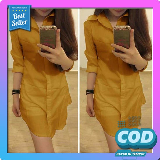 Baju Long Dress Kemeja Tunik Wanita Muslim Polos Jumbo Terbaru 2022 Lengan Balon Fashion Kekinian Af