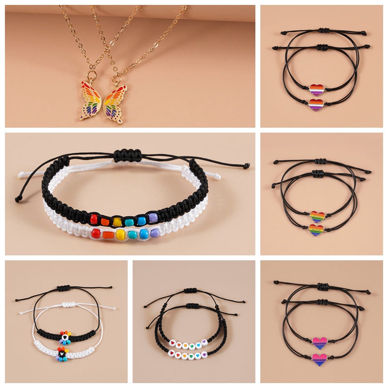 2pcs / set Gelang Tangan + Kalung Rantai adjustable Motif Kupu-Kupu + Bunga + Pelangi Untuk Pasangan / Pria / Wanita
