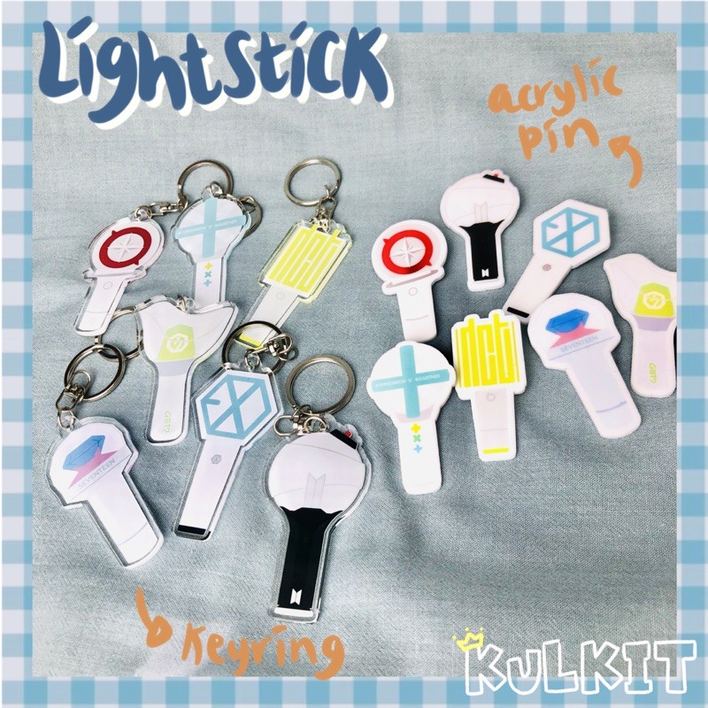 Kpop Lightstick Keyring &amp; Acrylic Pin (SVT, BANGTAN, E X O, T X T, SKZ, GOT7, Ncity)