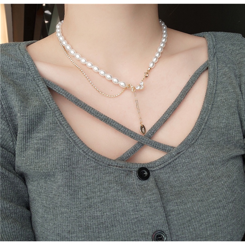 Korean Simple Style Zircon Imitation Pearl Buling Buling Heart Pendant Niche Design Women Clavicle Necklace