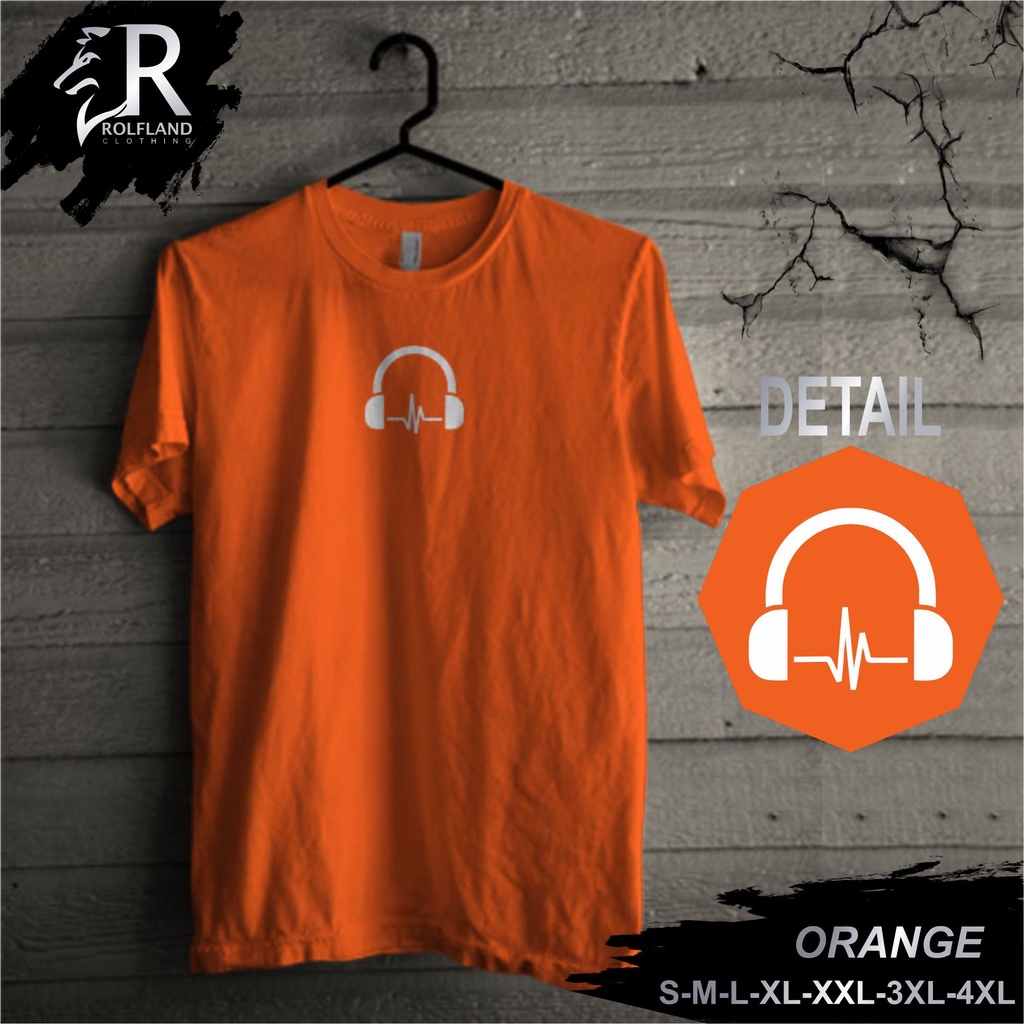 Kaos Pria Distro Original Premium Murah Keren Jumbo Bandung Polos Motif Headset Warna Orange