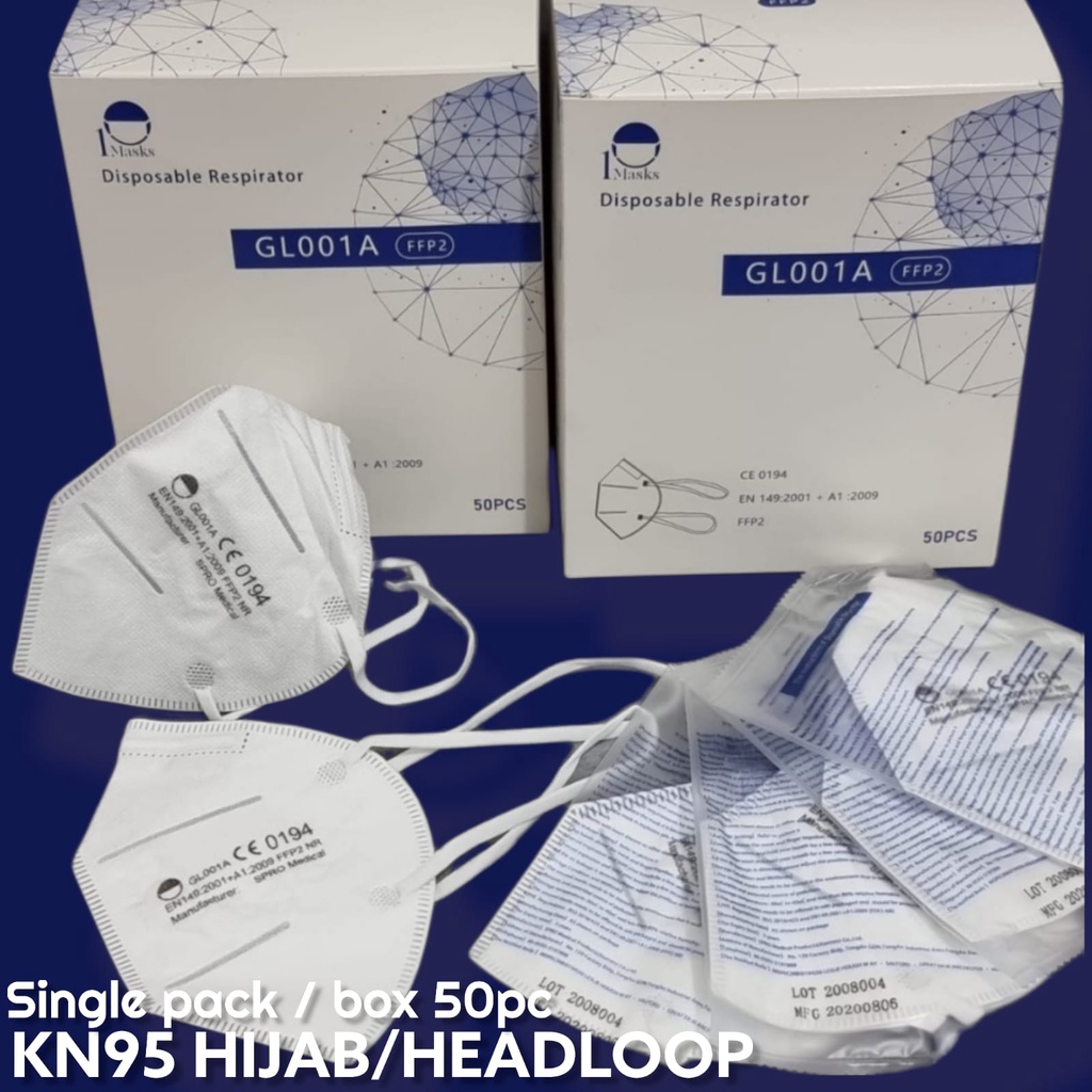 KN95 HIJAB PUTIH/50 - MASKER KN95 5PLY HIJAB MEDICAL GRADE FACE MASK HIJAB HEADLOOP HITAM - PUTIH