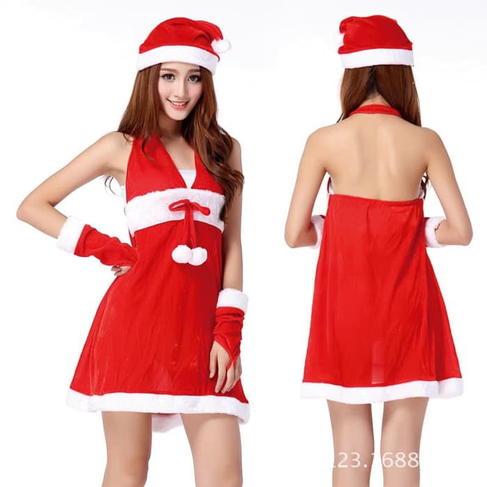 C2 set kostum baju natal wanita dress sexy cosplay terusan import