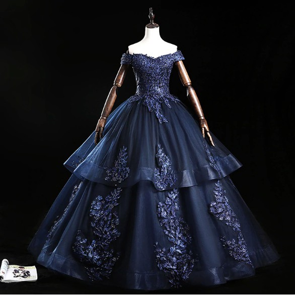 navy blue and gold quinceanera dress