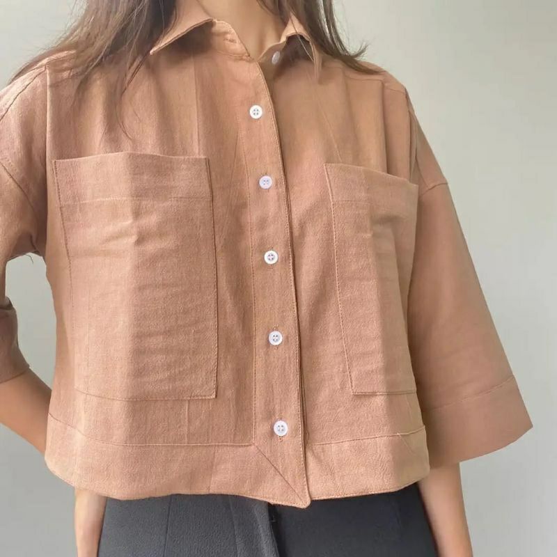 Vira Kemeja Crop Linen Pocket OverSize Shirt Linen Atasan Wanita Jumbo Terbaru Modern Terlaris