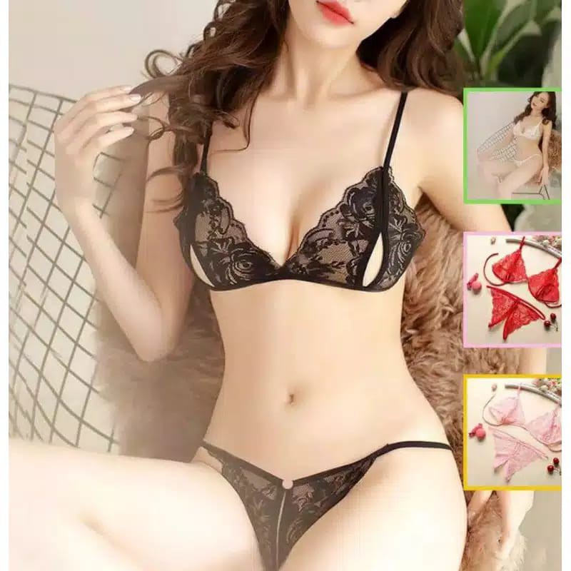 Pakaian Dalam Wanita Korea Lingerie Set Bra dan G-String - Pakaian Dalam Wanita Transparant Pita Bunga sexy - Korea Lingerie Set Bra dan G-String wanita import