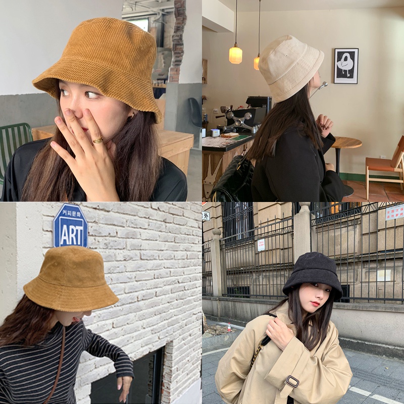 topi wanita fashion Topi Ember Wanita Korduroi Polos Retro topi korea