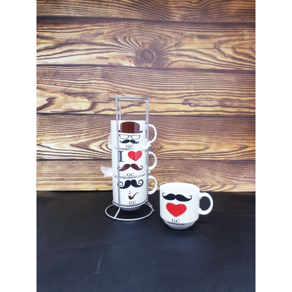 BABEE MUG KERAMIK SET 4 SUSUN SIZE S / CANGKIR GELAS 4 SUSUN BANYAK MOTIF / MUG TEH KOPI / KADO UNIK-Mustache