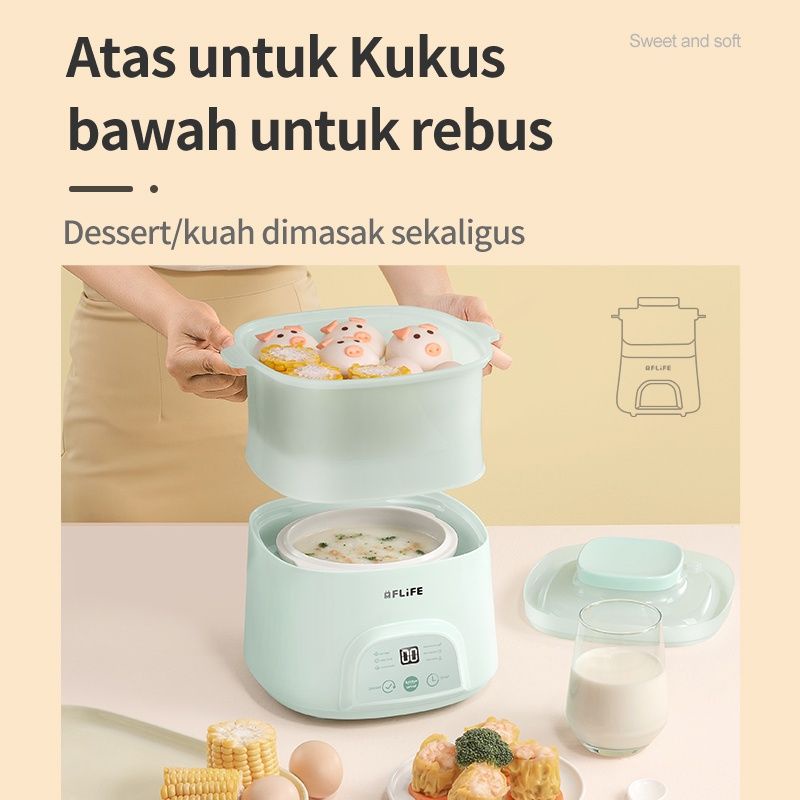 Flife Slow Cooker 1L / Kukusan 6 in 1 Untuk Memasak Bubur Bayi / Makanan Sehat