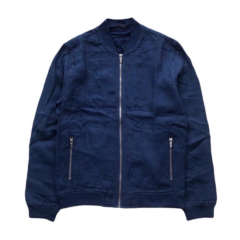 Zaraman Blue Linen Bomber Jacket