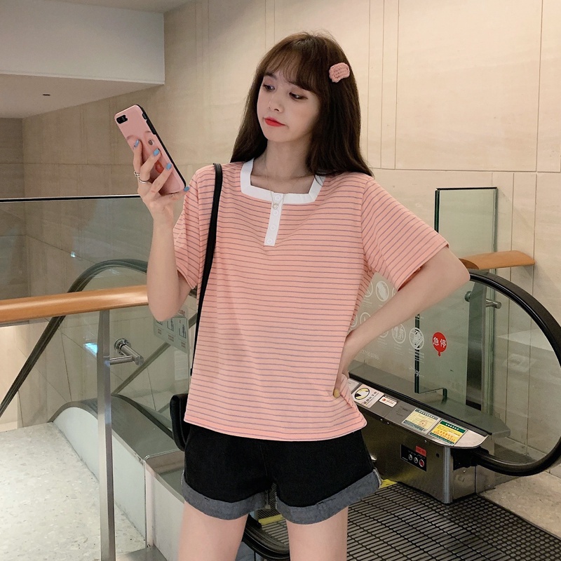 MOOGU ♡ Bergaris kaos katun wanita tshirt atasan top korea