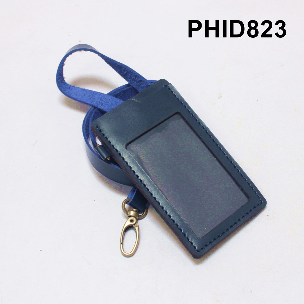 gantungan dompet ID card kulit biru - tali id card holder - PHID823