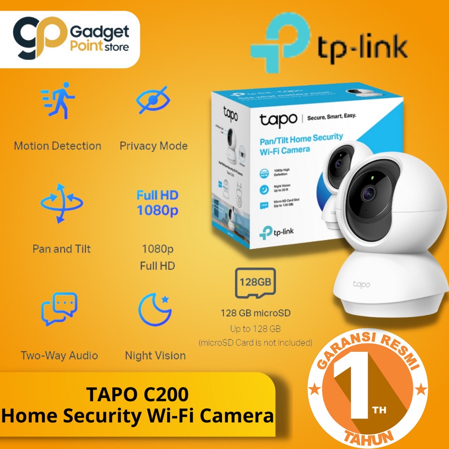 TP Link Tapo C200 Pan/Tilt Home Security Wi-Fi 360 Camera FHD 1080p - Garansi Resmi 1 Tahun