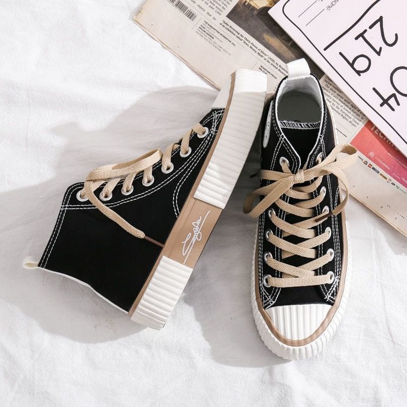 IDEALIFESHOES SEPATU CEWEK CANVAS HITAM MOTIF SIGNATURE KOREA STYLE SNEAKER PEREMPUAN TREND KANVAS TALI GROSIR SEPATU WANITA