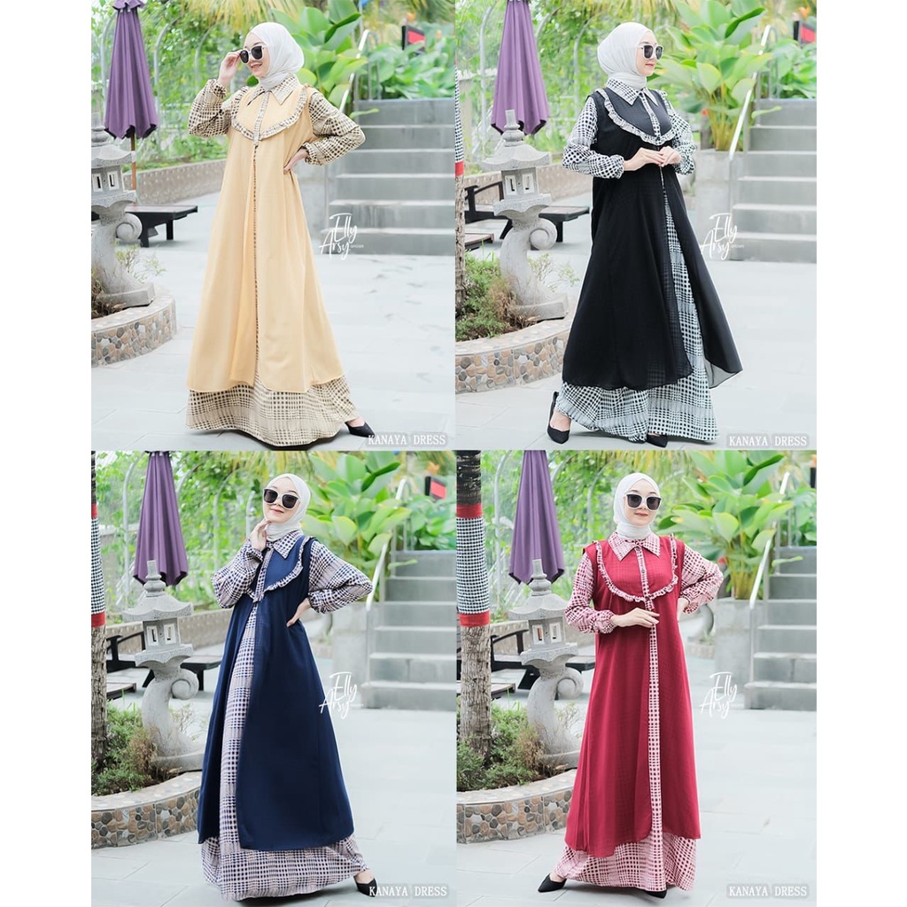 Gamis set outer 2in1 ceruty venyta elsyifa berbagai motif rara lula lulabi lulana ceruti babydoll longdress baju muslim busana muslimah modern ootd fashionable selebgram hits modis reseller dropshiper cardigan rompi baju muslim modern modis